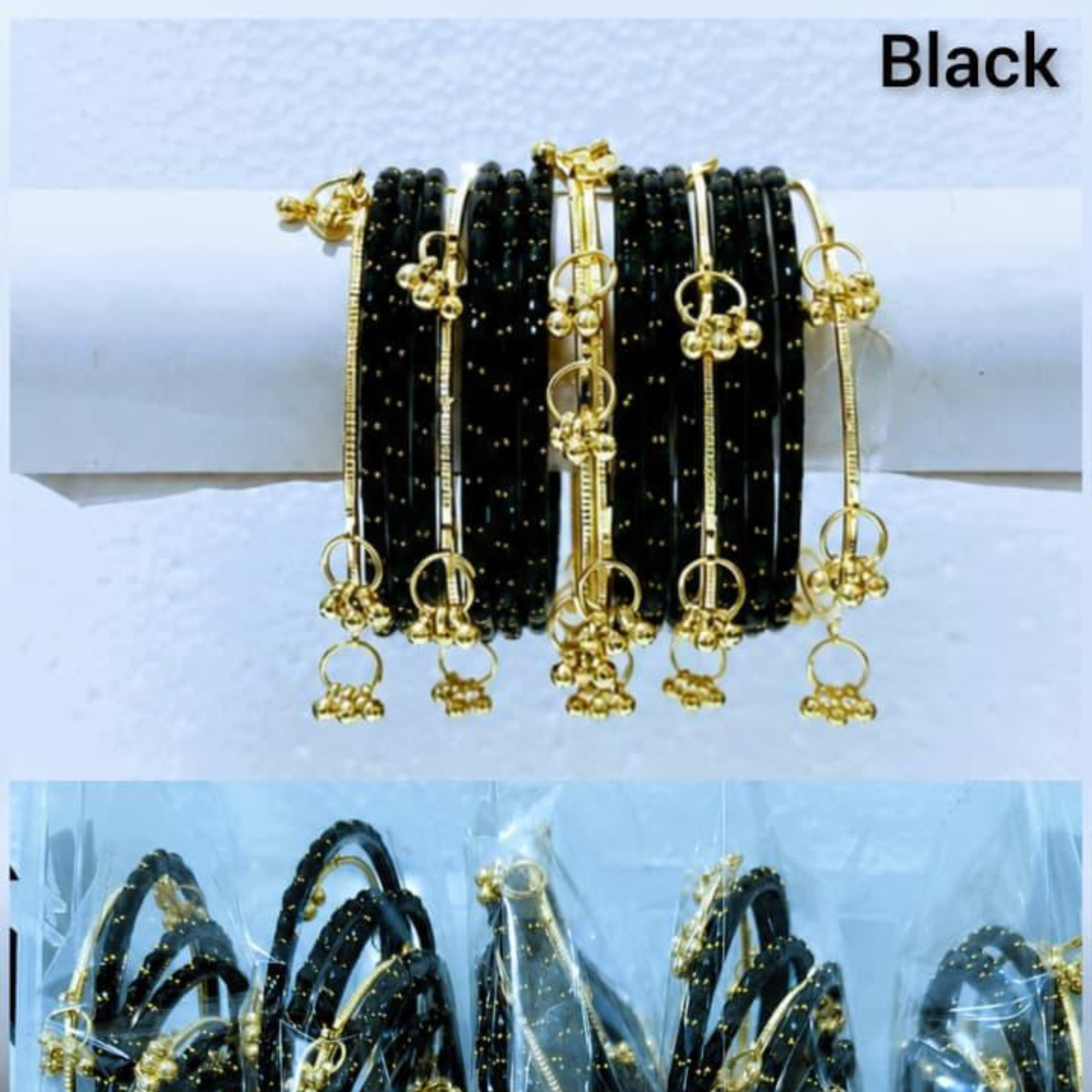 Traditional Glass Bangles with Golden Kangan | ( set of 12 )