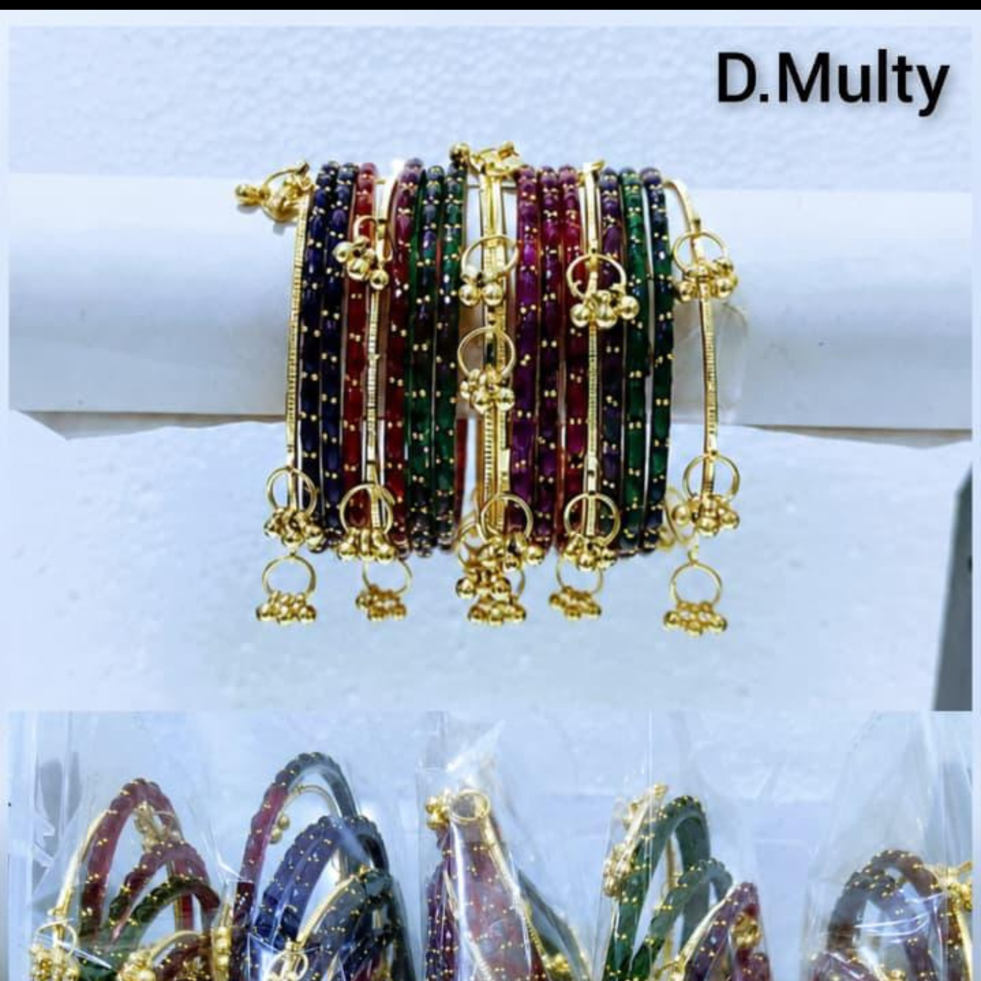 Traditional Glass Bangles with Golden Kangan | ( set of 12 )