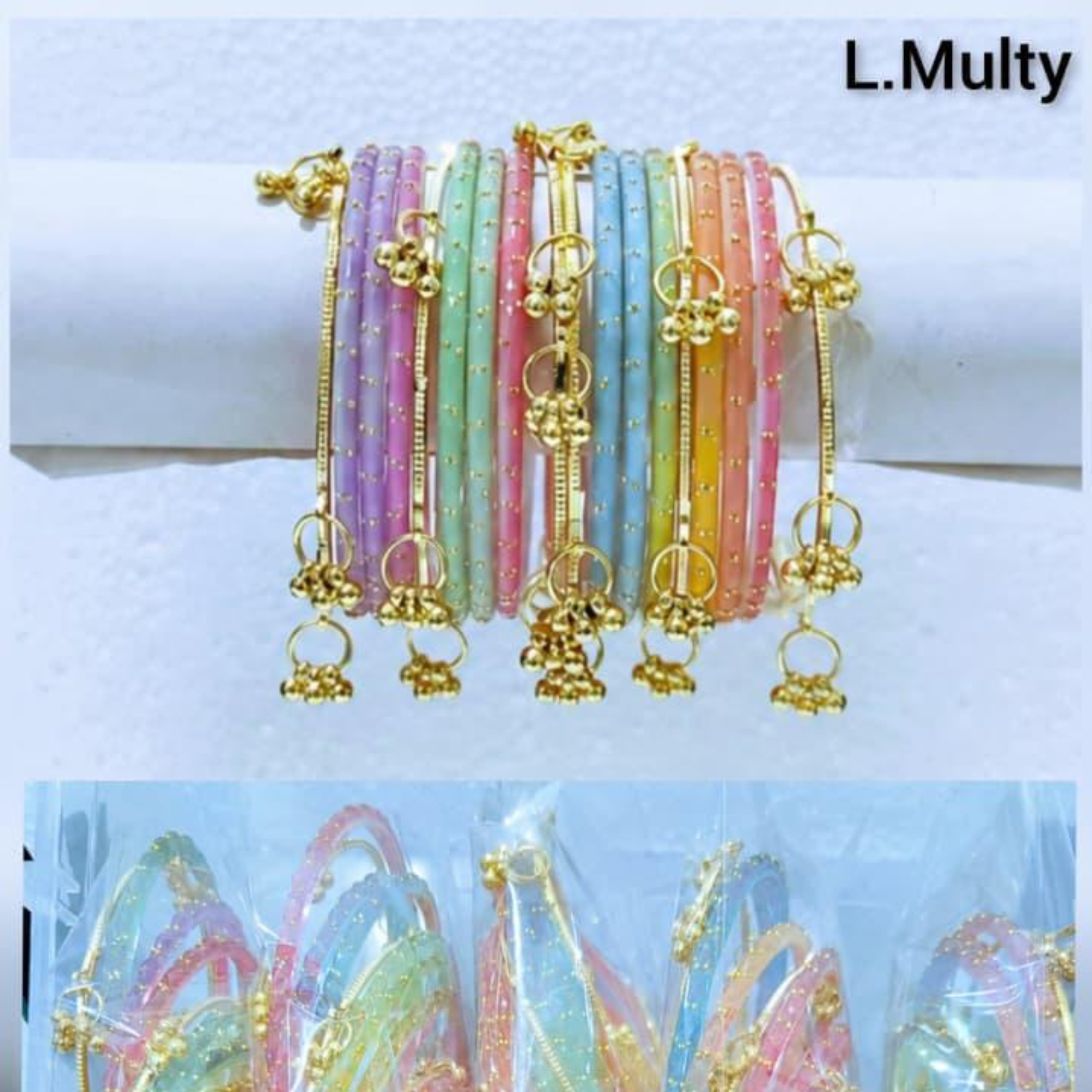 Traditional Glass Bangles with Golden Kangan | ( set of 12 )
