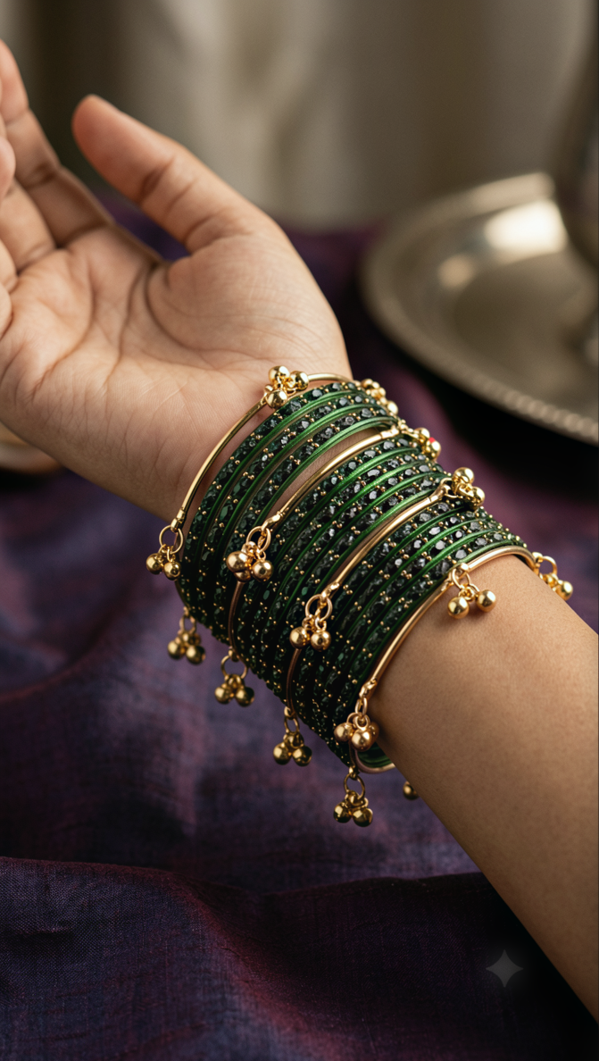 Traditional Glass Bangles with Golden Kangan | ( set of 12 )
